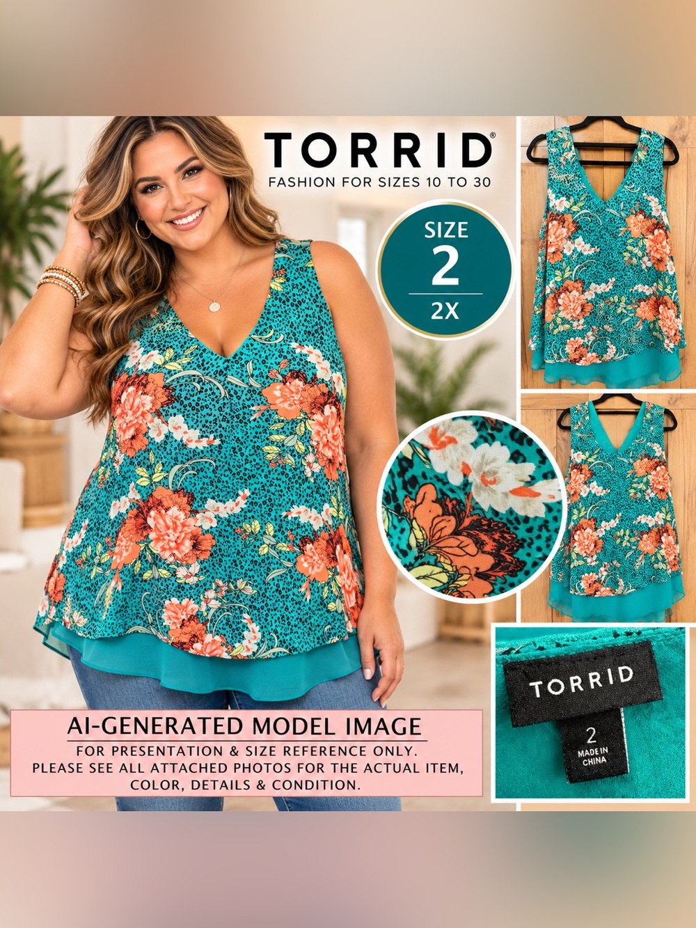 Torrid Double Layer Chiffon Floral Leopard Tank Teal Size 2